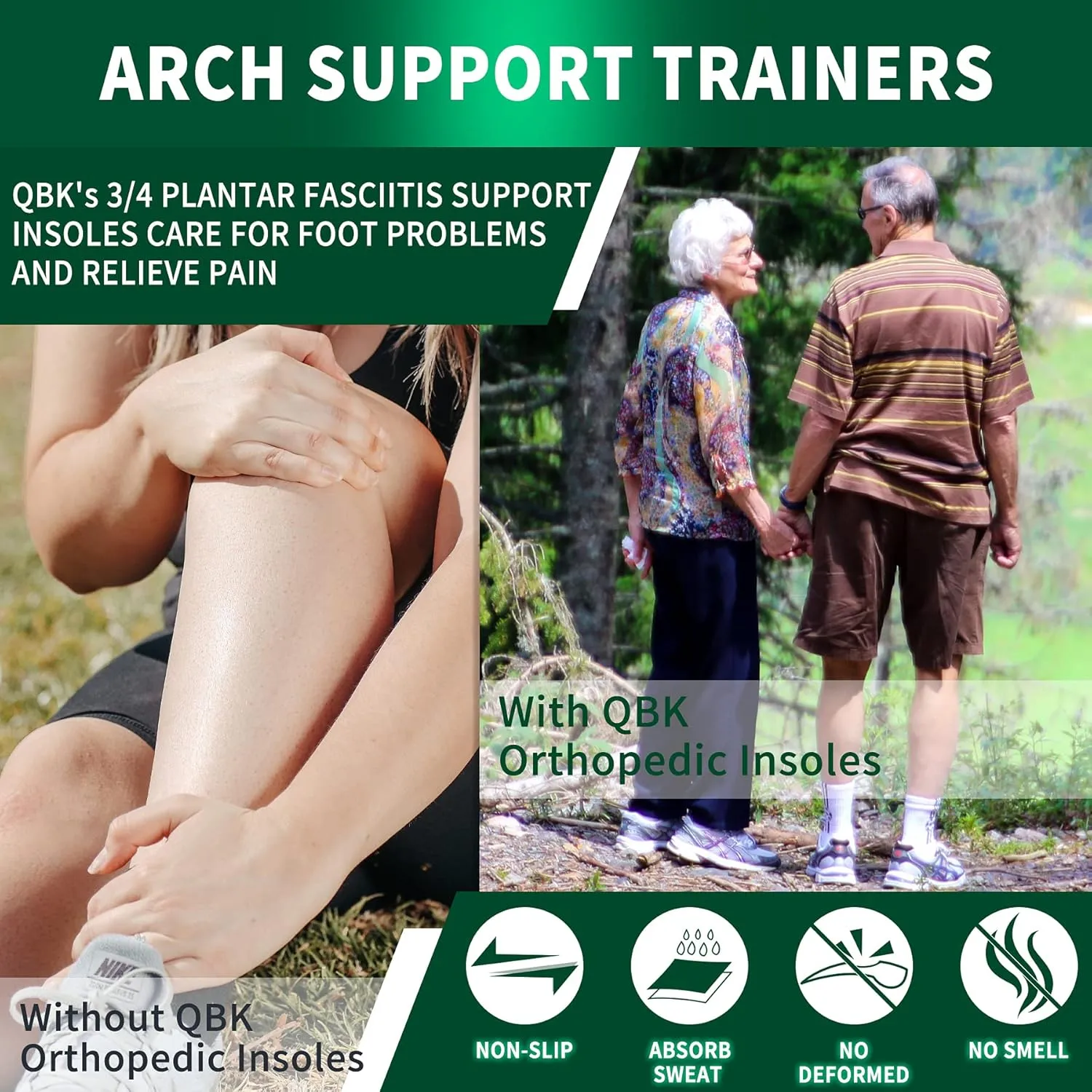 3/4 Arch Support Insoles for Women/Men,QBK Orthotics Shoe Insoles High Arch Supports Shoe Insoles for Plantar Fasciitis, Flat Feet, Over-Pronation,Height Increase Insoles，XL