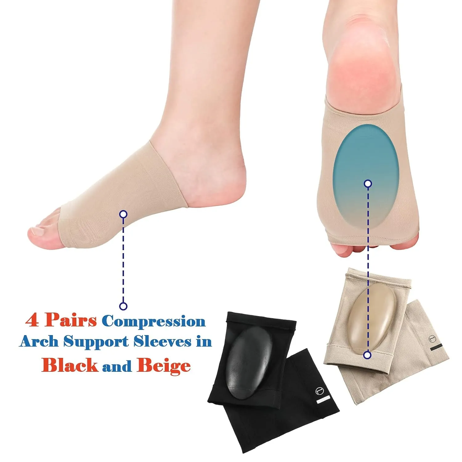 4 Pairs Compression Arch Support Sleeves with Gel Pad Inside Metatarsal Compression Arch Support Brace Cushioned Gel Foot Sleeves for Women Men Flat Foot Pain Relief (Black and Beige)