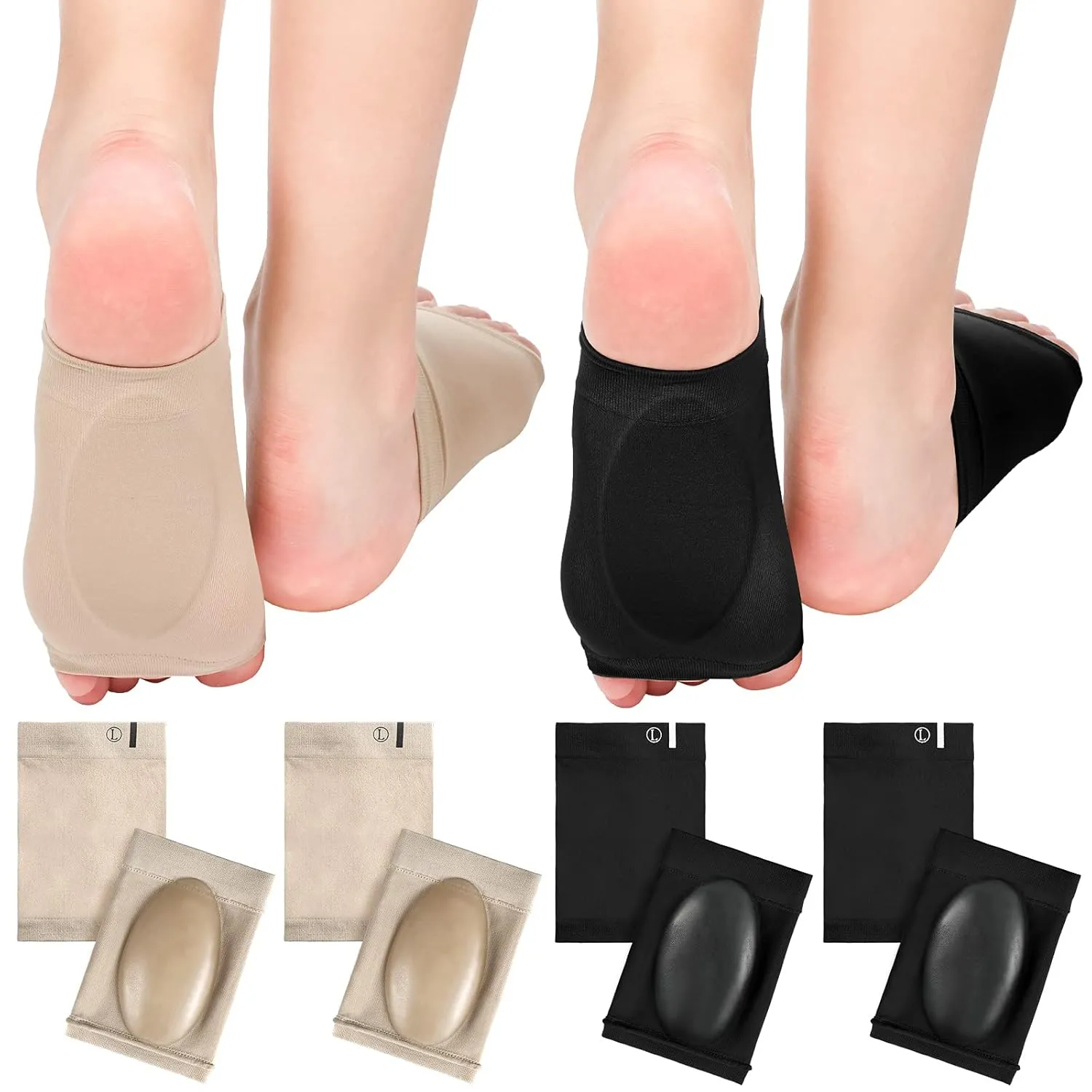 4 Pairs Compression Arch Support Sleeves with Gel Pad Inside Metatarsal Compression Arch Support Brace Cushioned Gel Foot Sleeves for Women Men Flat Foot Pain Relief (Black and Beige)