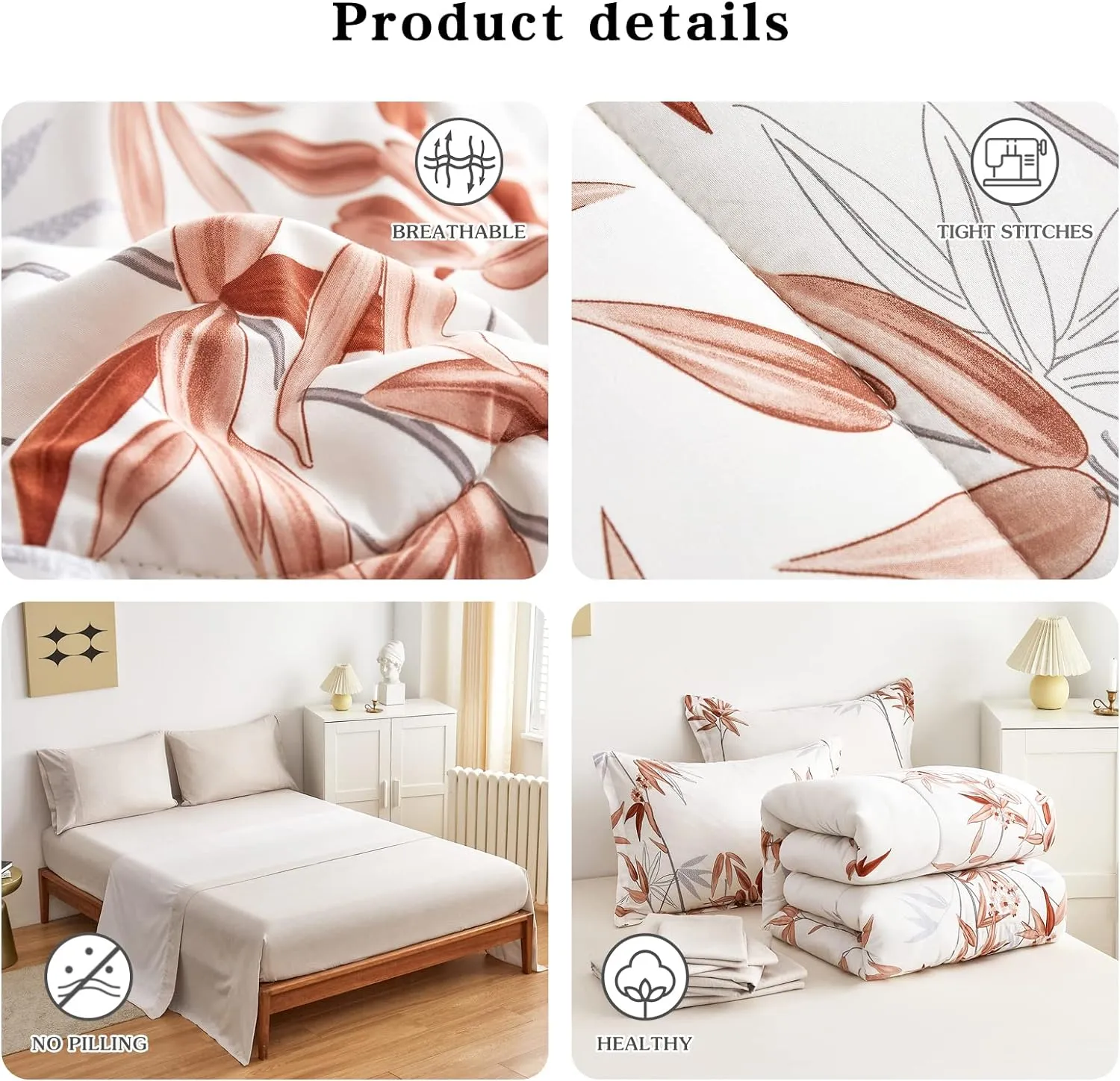 6 Pieces Bed in a Bag Twin Comforter Set with Sheets, Burnt Orange Leaves on White Botanical Bedding Sets for Kids (1 Comforter, 2 Pillow Shams, 1 Flat Sheet, 1 Fitted Sheet, 1 Pillowcases)