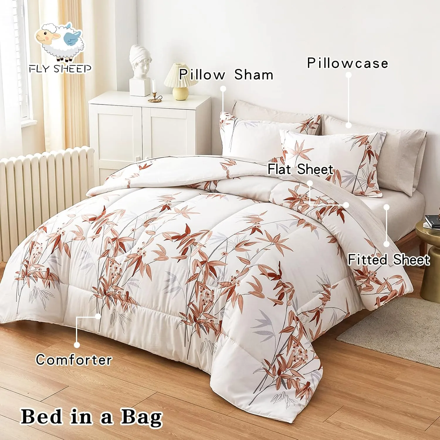 6 Pieces Bed in a Bag Twin Comforter Set with Sheets, Burnt Orange Leaves on White Botanical Bedding Sets for Kids (1 Comforter, 2 Pillow Shams, 1 Flat Sheet, 1 Fitted Sheet, 1 Pillowcases)