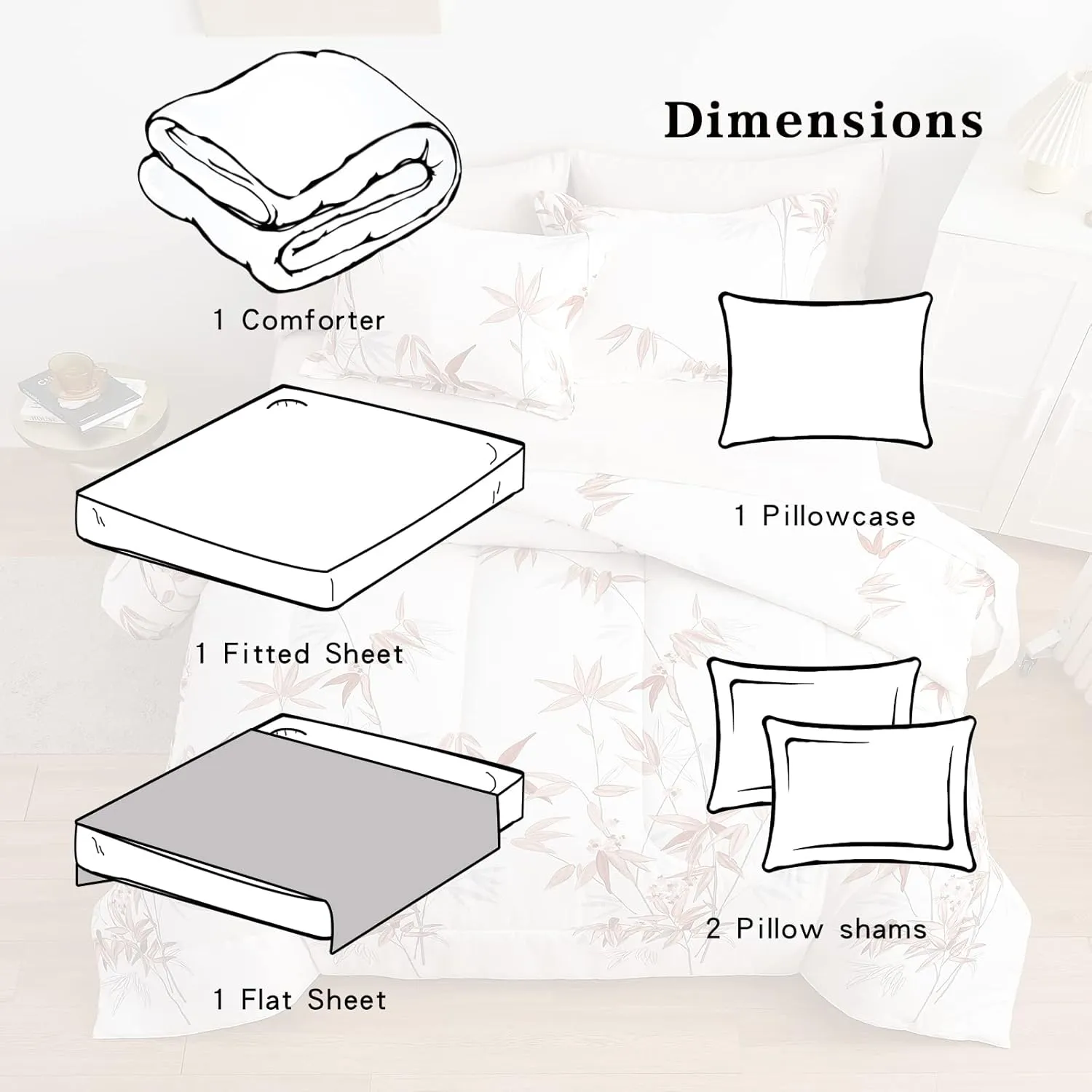 6 Pieces Bed in a Bag Twin Comforter Set with Sheets, Burnt Orange Leaves on White Botanical Bedding Sets for Kids (1 Comforter, 2 Pillow Shams, 1 Flat Sheet, 1 Fitted Sheet, 1 Pillowcases)