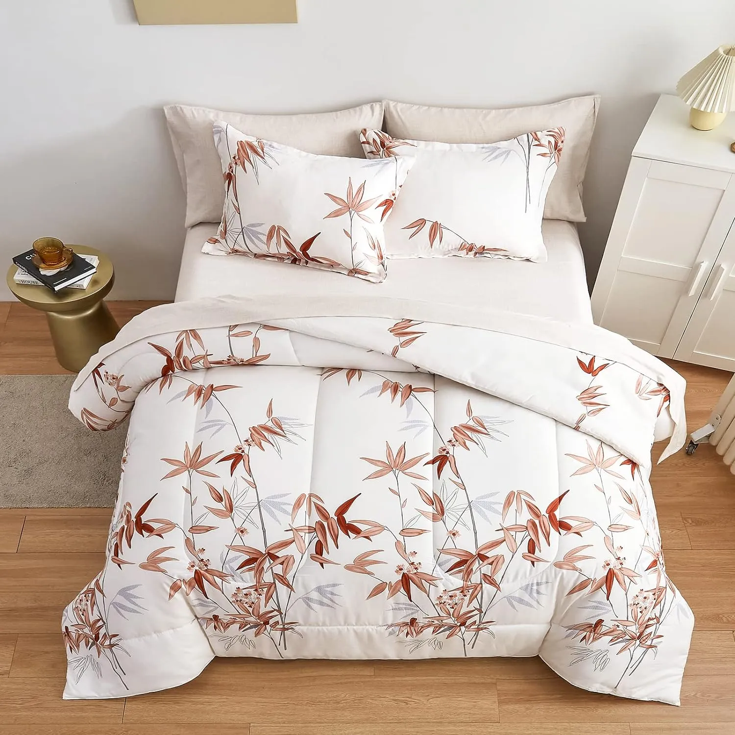 6 Pieces Bed in a Bag Twin Comforter Set with Sheets, Burnt Orange Leaves on White Botanical Bedding Sets for Kids (1 Comforter, 2 Pillow Shams, 1 Flat Sheet, 1 Fitted Sheet, 1 Pillowcases)