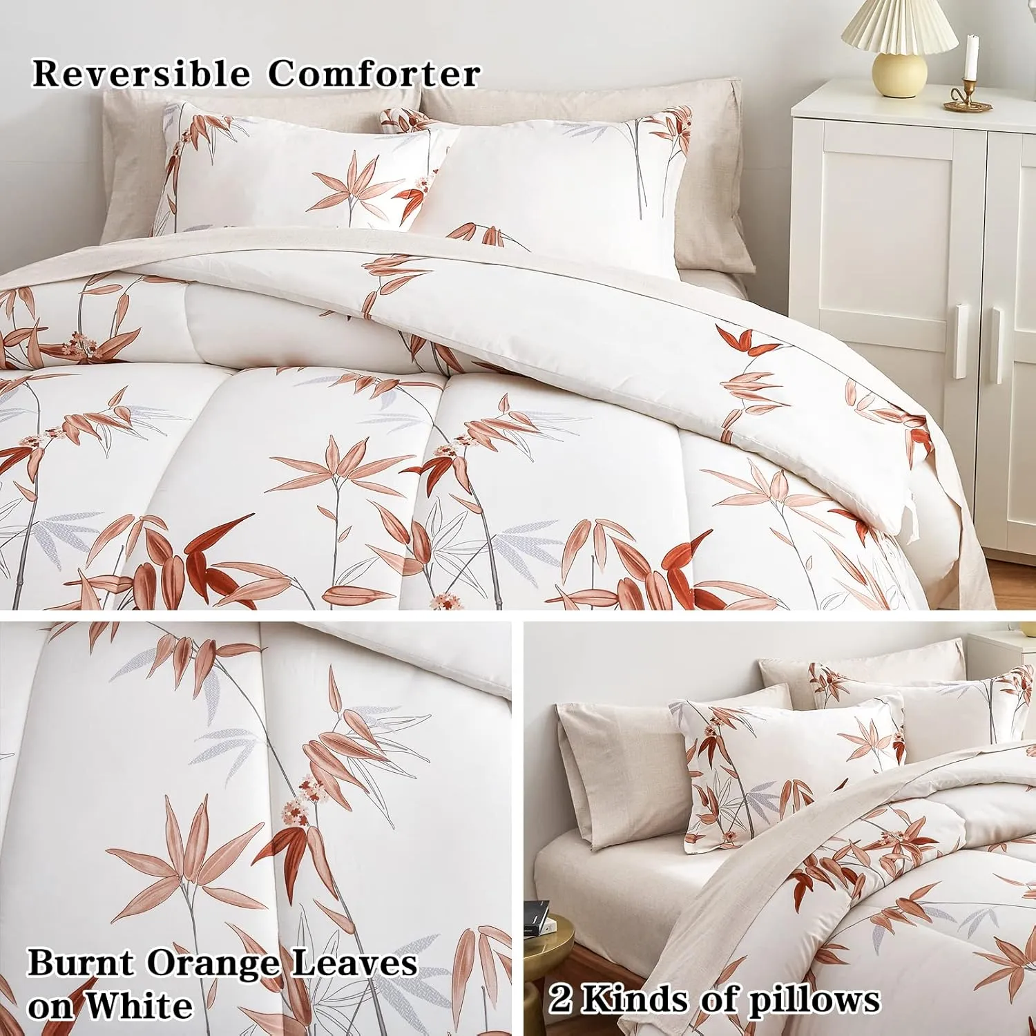 6 Pieces Bed in a Bag Twin Comforter Set with Sheets, Burnt Orange Leaves on White Botanical Bedding Sets for Kids (1 Comforter, 2 Pillow Shams, 1 Flat Sheet, 1 Fitted Sheet, 1 Pillowcases)