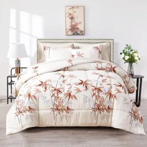 6 Pieces Bed in a Bag Twin Comforter Set with Sheets, Burnt Orange Leaves on White Botanical Bedding Sets for Kids (1 Comforter, 2 Pillow Shams, 1 Flat Sheet, 1 Fitted Sheet, 1 Pillowcases)