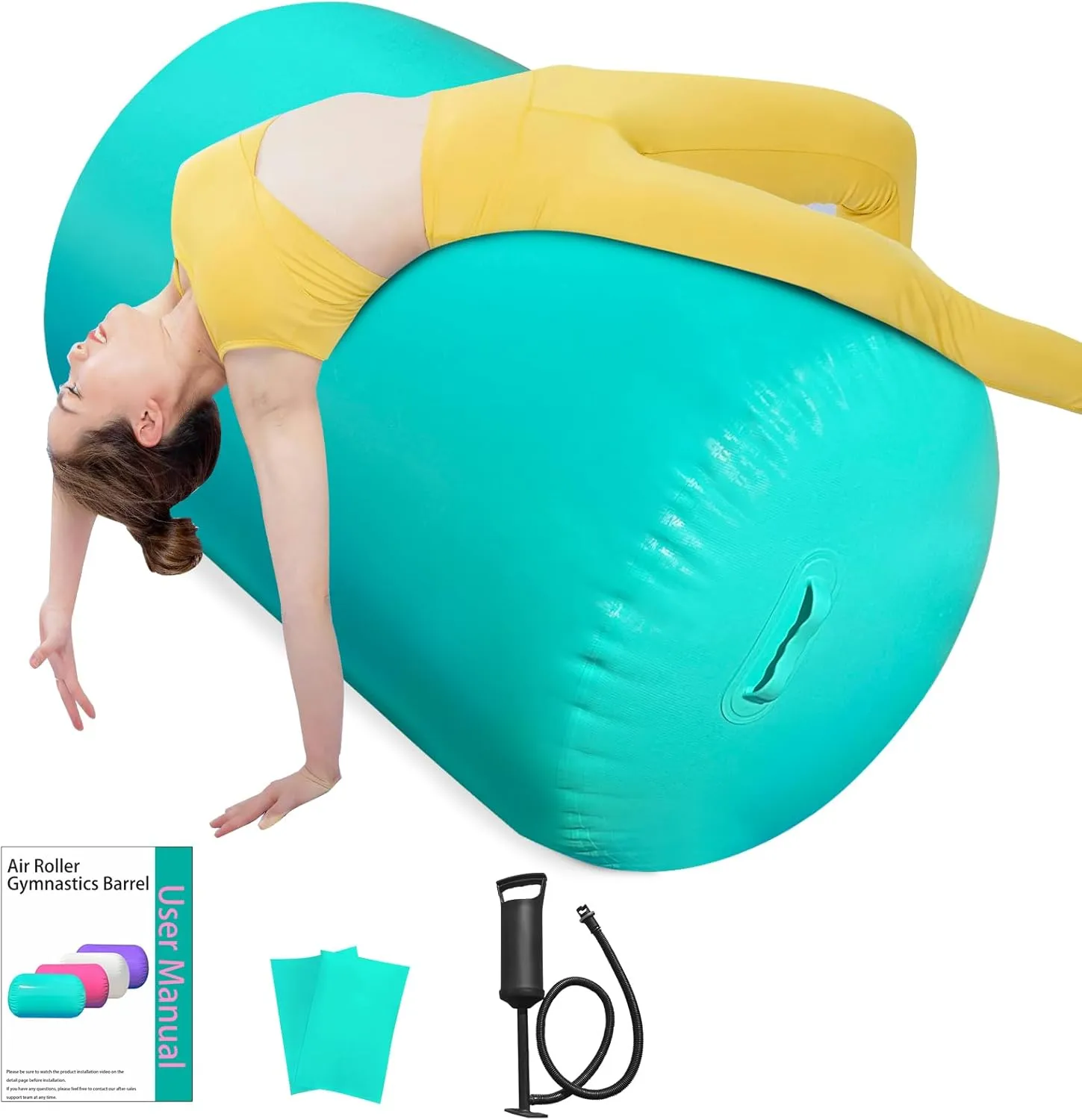 Air Roller Gymnastics Barrel, Air Track Tumbling Mat Equipment Inflatable Barrel Roller Back Handspring Trainer with Manual Pump for Yoga Cheerleading Home Gym Use