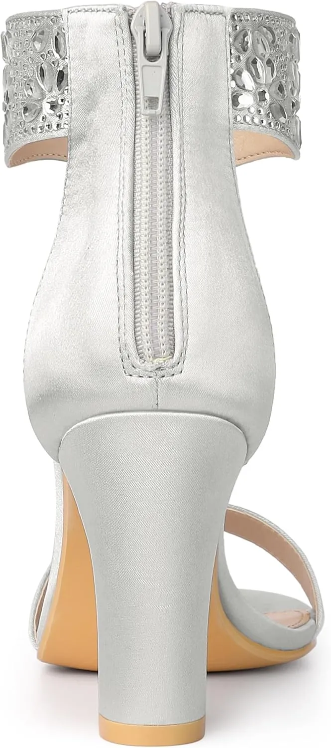 Allegra K Women's Rhinestone Open Toe Ankle Strap Diamond Heels Chunky Sparkly Heels Dress Sandals