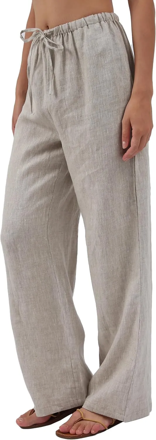 Amazhiyu Womens Pure Linen Summer Drawstring Flowy Wide Leg Pants with Pockets