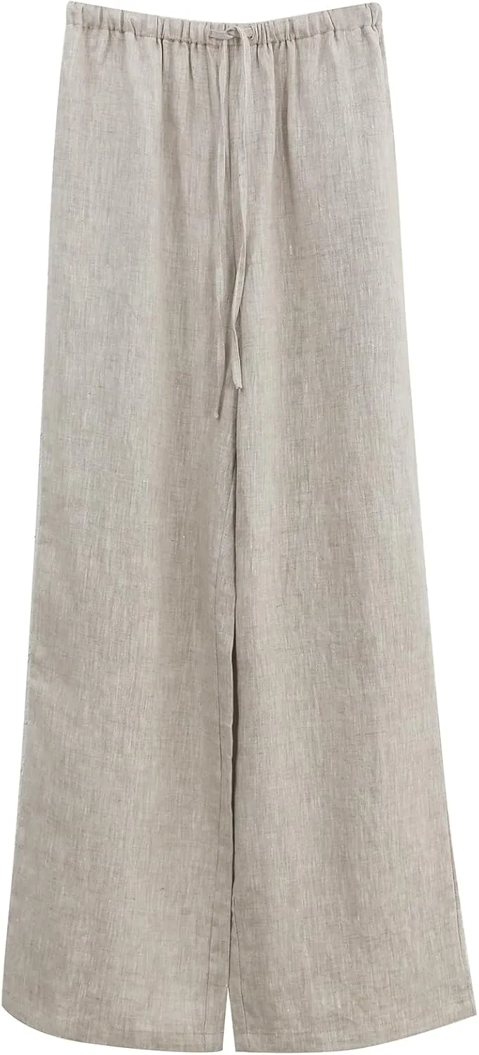 Amazhiyu Womens Pure Linen Summer Drawstring Flowy Wide Leg Pants with Pockets