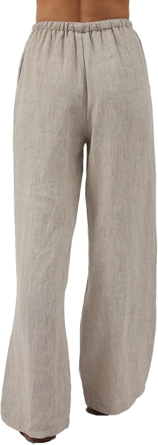 Amazhiyu Womens Pure Linen Summer Drawstring Flowy Wide Leg Pants with Pockets