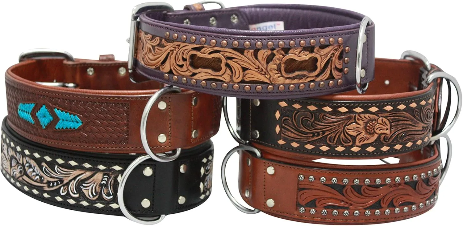 Angel, Dallas Genuine Leather Dog Collar, Brown. Hand Made Western Padded Collar. 100% Argentinean Cowhide. Angel Elite Collection,