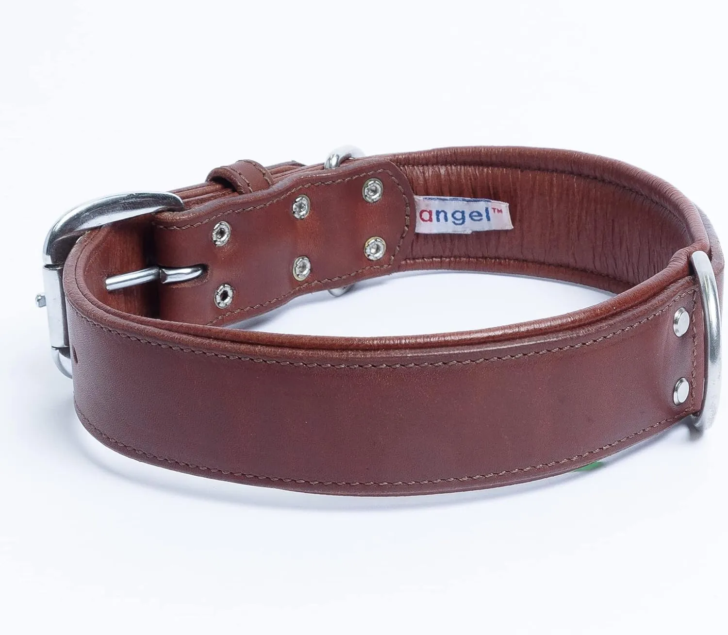 Angel, Dallas Genuine Leather Dog Collar, Brown. Hand Made Western Padded Collar. 100% Argentinean Cowhide. Angel Elite Collection,