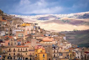 AOFOTO 10x7ft European Town Backdrop Italy Landscape Village Houses Mountainous Sicilian Island Background Spring Natural Scenery Photo Children Vacation Trip Photography Portrait Props Vinyl