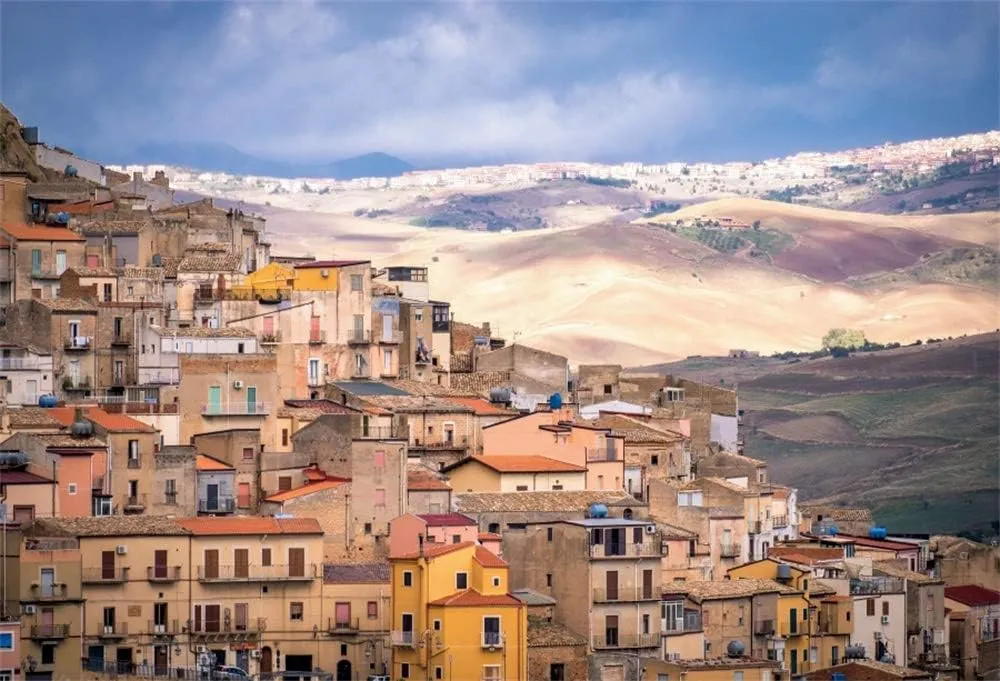 AOFOTO 10x7ft European Town Backdrop Italy Landscape Village Houses Mountainous Sicilian Island Background Spring Natural Scenery Photo Children Vacation Trip Photography Portrait Props Vinyl
