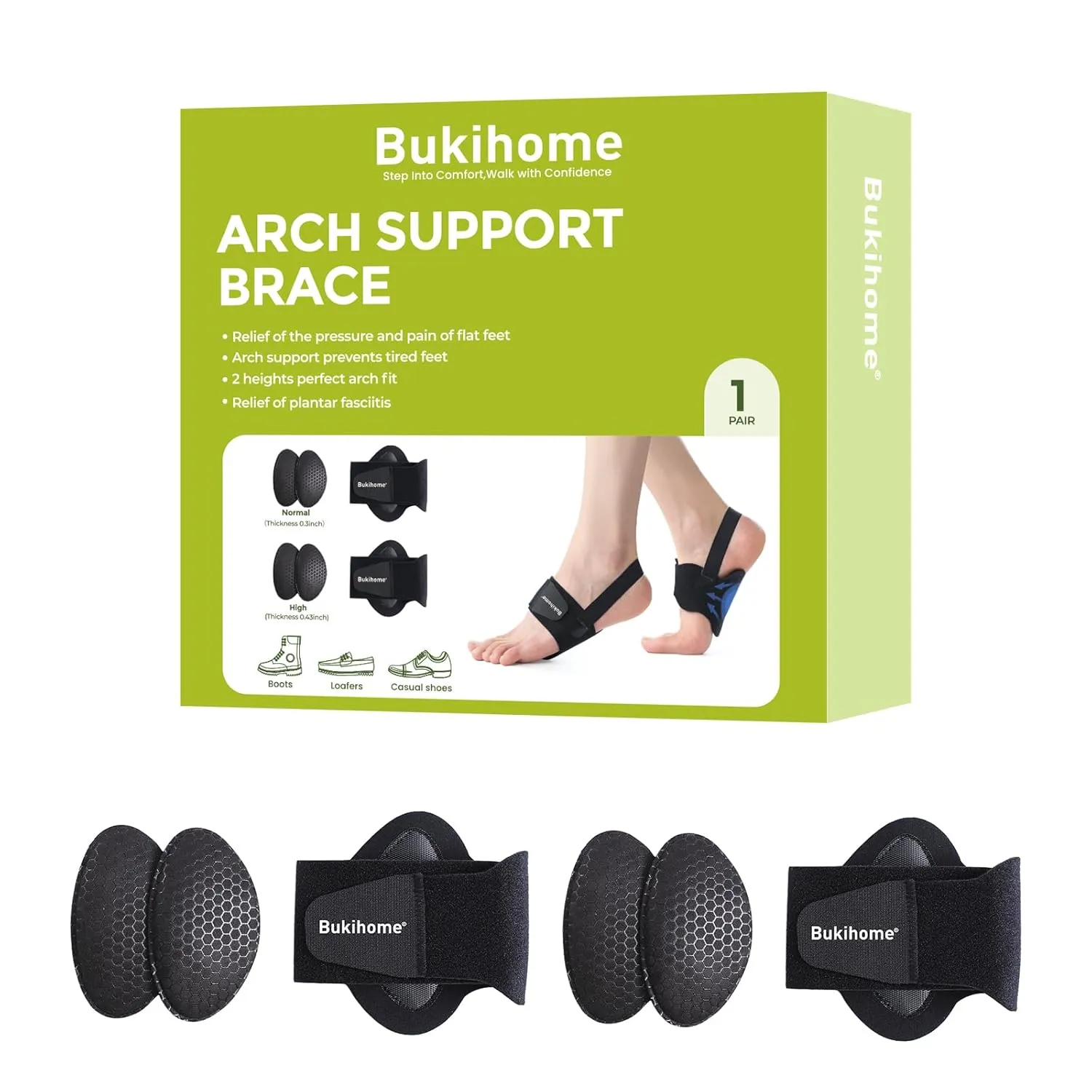 Arch Support Braces for Plantar Fasciitis - Bukihome Upgraded Adjustable Bands & Arch Pads - Non-Slip Barefoot Arch Support t Inserts for Women - Gel Pads for Flat Feet High & Fallen Archs - Black
