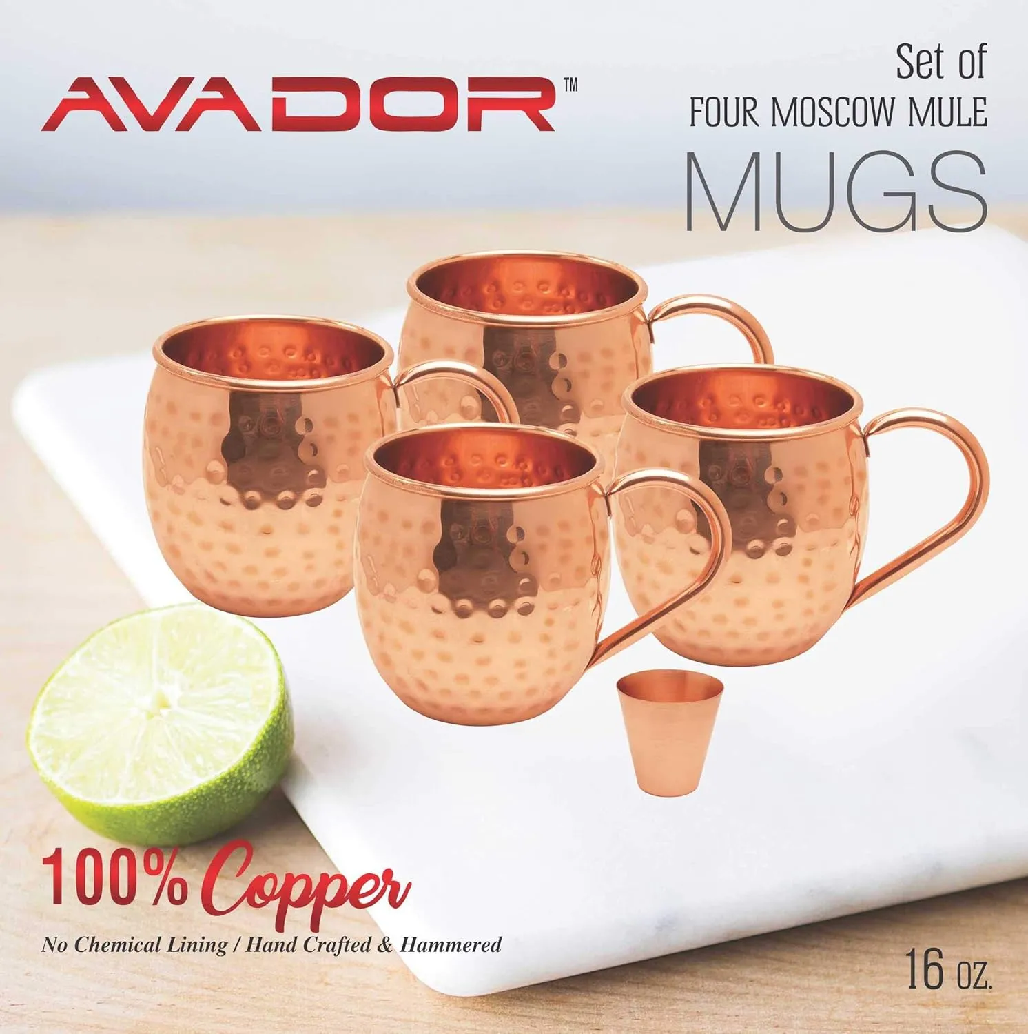 Avador® Set of 4 Handcrafted 100% Pure Copper Moscow Mule Mugs with Shot Glass Hammered Finish 16 Oz. Elegant & Modern Set for Special Occasions | Gifting | Wedding Favors | Beverage Tasting