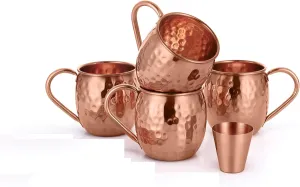 Avador® Set of 4 Handcrafted 100% Pure Copper Moscow Mule Mugs with Shot Glass Hammered Finish 16 Oz. Elegant & Modern Set for Special Occasions | Gifting | Wedding Favors | Beverage Tasting