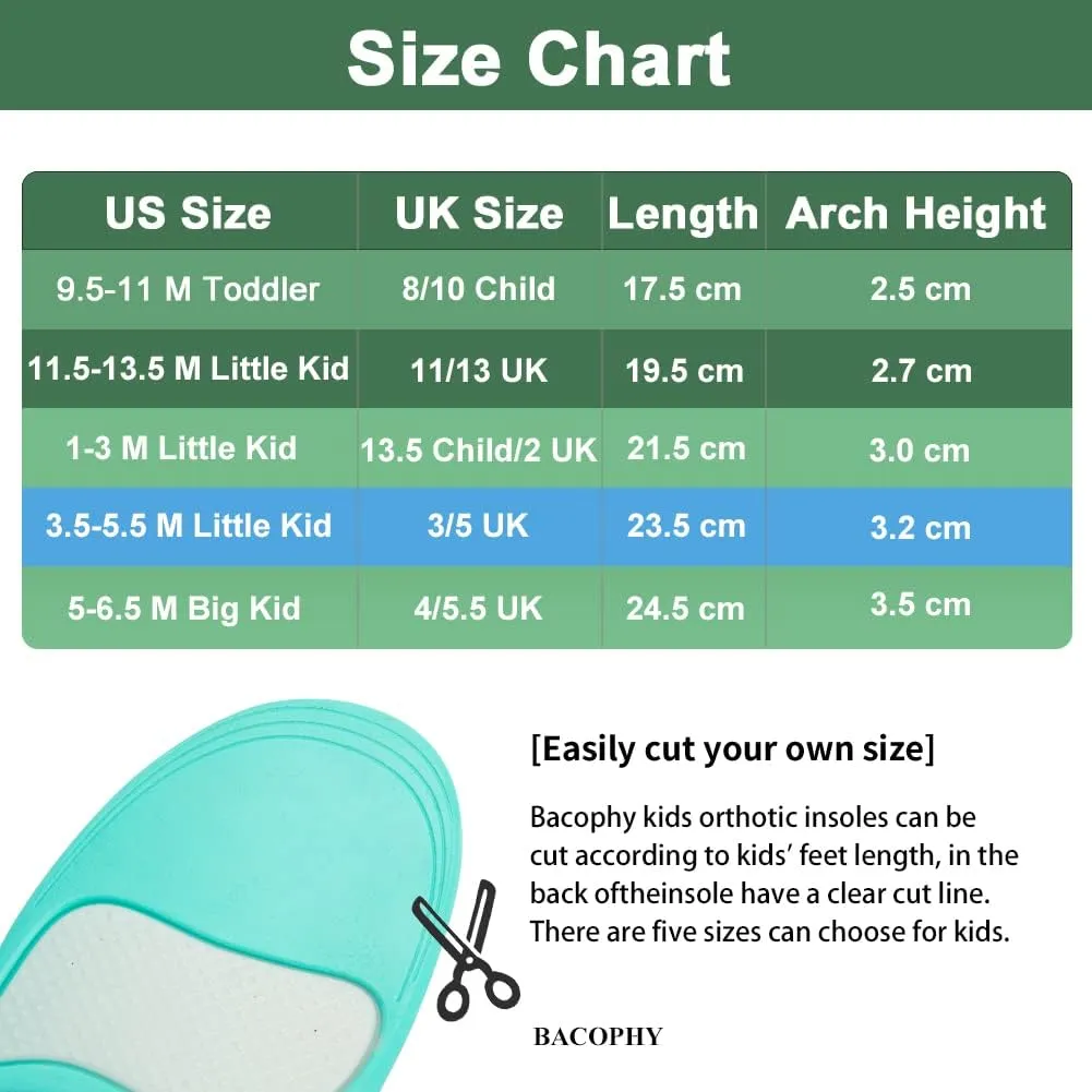 Bacophy Kids Arch Support Insoles Children Orthotic Inserts for Plantar Fasciitis, Flat Feet, Heel Pain Relief, Premium Pu, TPU, Gel Shock Absorption Deep Heel Cup Cushioning Inner Sole