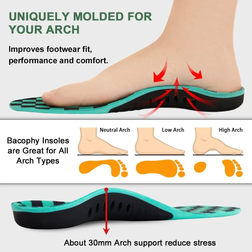 Bacophy Kids Arch Support Insoles Children Orthotic Inserts for Plantar Fasciitis, Flat Feet, Heel Pain Relief, Premium Pu, TPU, Gel Shock Absorption Deep Heel Cup Cushioning Inner Sole