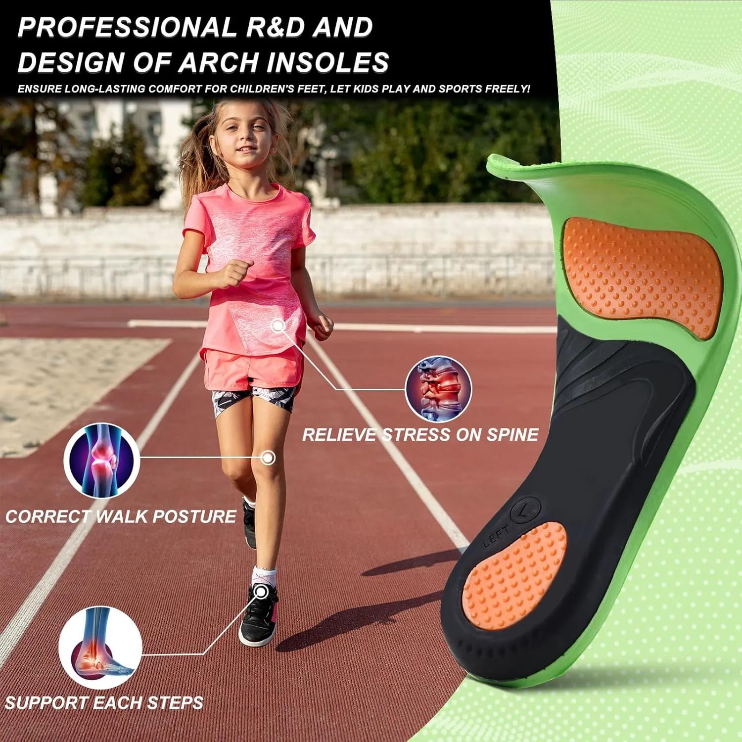 Bacophy Kids Orthotic Arch Support Insoles, Plantar Fasciitis Cushioning Shoe Inserts, Shock Absorption Velvet Surfaces Deep Heel Cup Chinldren Inner Soles for Flat Feet, Feet Heel Pain Relief (XL)