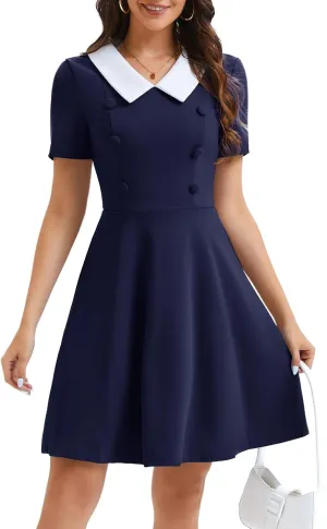 Bbonlinedress 1950s Vintage Dress for Women Retro Rockabilly Peter Pan Collar Short Sleeve Cocktail Party A Line Dresses