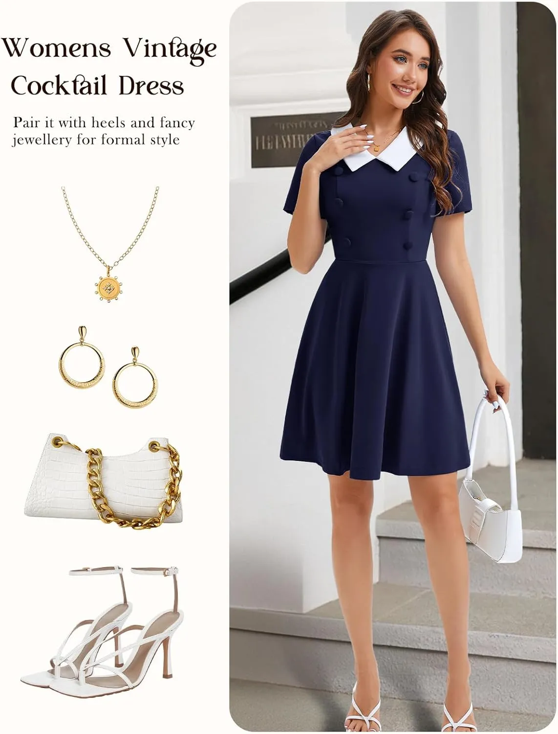 Bbonlinedress 1950s Vintage Dress for Women Retro Rockabilly Peter Pan Collar Short Sleeve Cocktail Party A Line Dresses