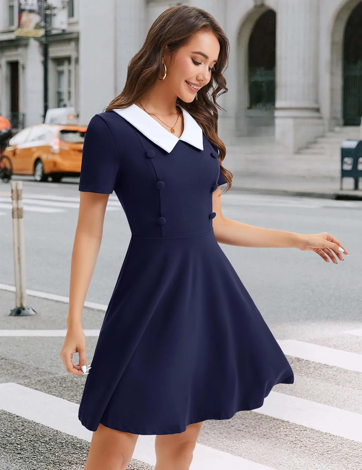 Bbonlinedress 1950s Vintage Dress for Women Retro Rockabilly Peter Pan Collar Short Sleeve Cocktail Party A Line Dresses