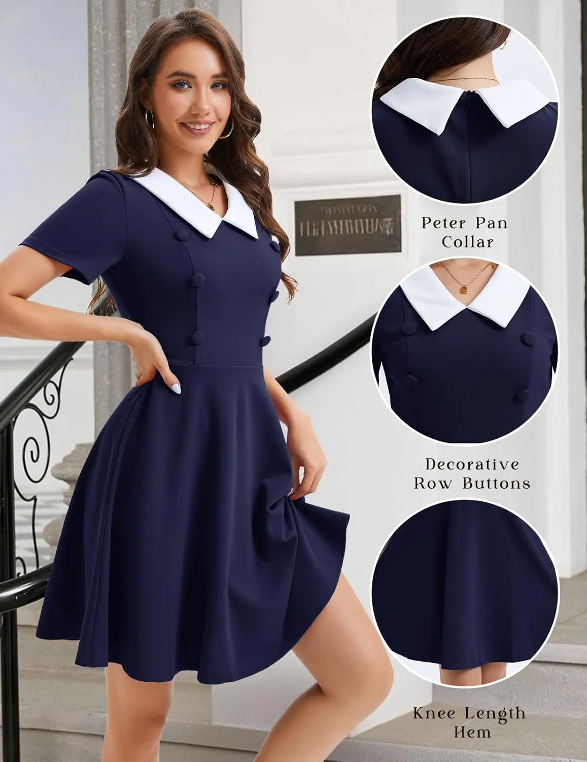 Bbonlinedress 1950s Vintage Dress for Women Retro Rockabilly Peter Pan Collar Short Sleeve Cocktail Party A Line Dresses