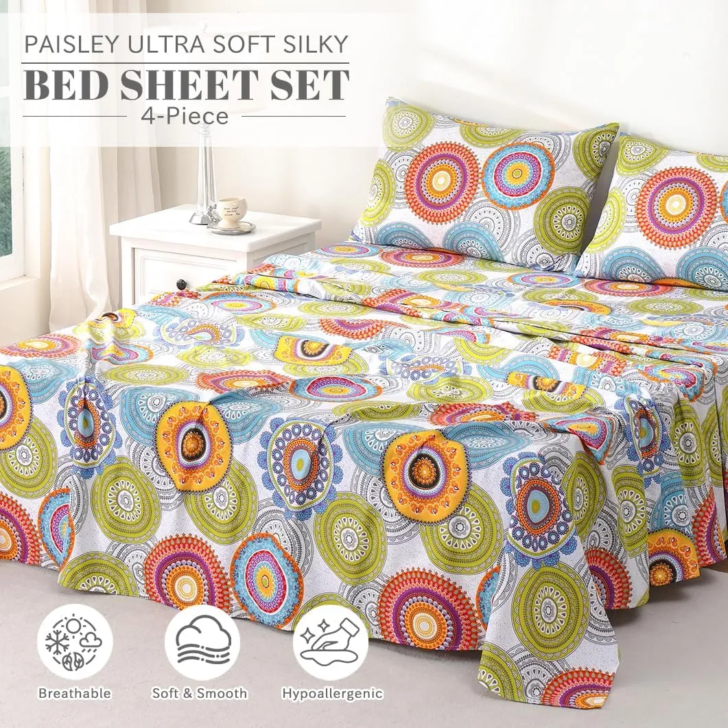Bedlifes Queen Sheet Set Ultra Soft, Breathable, Silky Flower Deep Pocket 100% Microfiber Bedding, 4 Piece Queen Size Mandala Patterned
