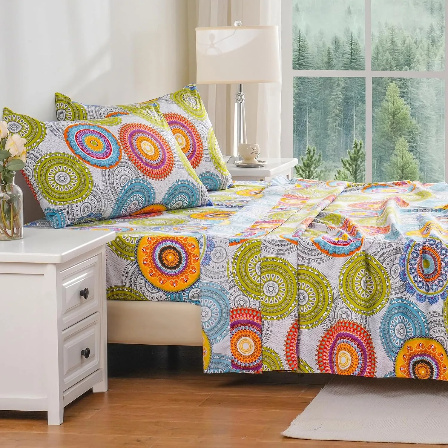 Bedlifes Queen Sheet Set Ultra Soft, Breathable, Silky Flower Deep Pocket 100% Microfiber Bedding, 4 Piece Queen Size Mandala Patterned