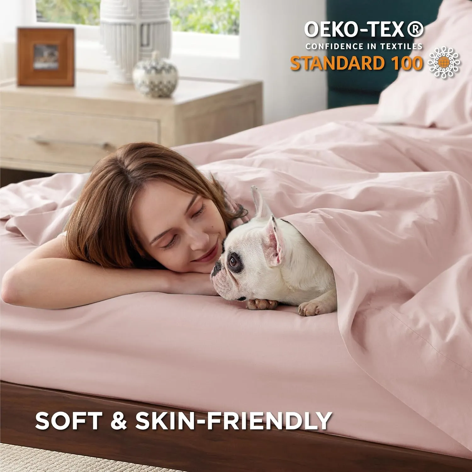 Bedsure 100% Cotton Percale Sheets Queen Size, Queen Sheet Set with Deep Pocket Up to 16 Inches, Breathable & Crirsp Soft, Bedsheet & Pillowcase Sets, 4 Pieces, Pink