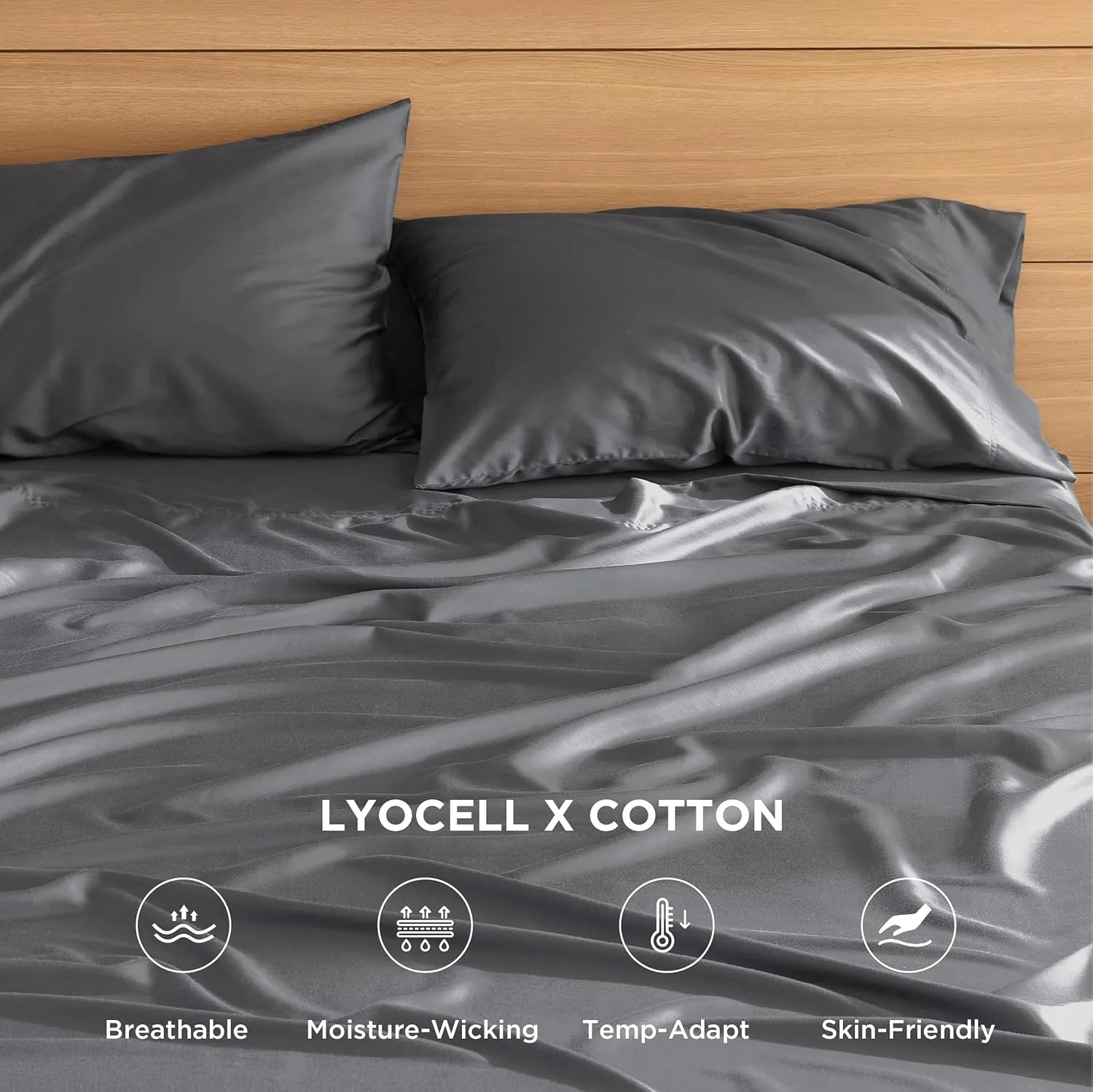 Bedsure Cooling Sheets King Size - Lyocell Cotton Sheet Set, GentleSoft™, Silky & Breathable Eucalyptus Bed Sheets with Deep Pocket, 4 Pieces, Luxury Hotel Bedding, Dark Grey
