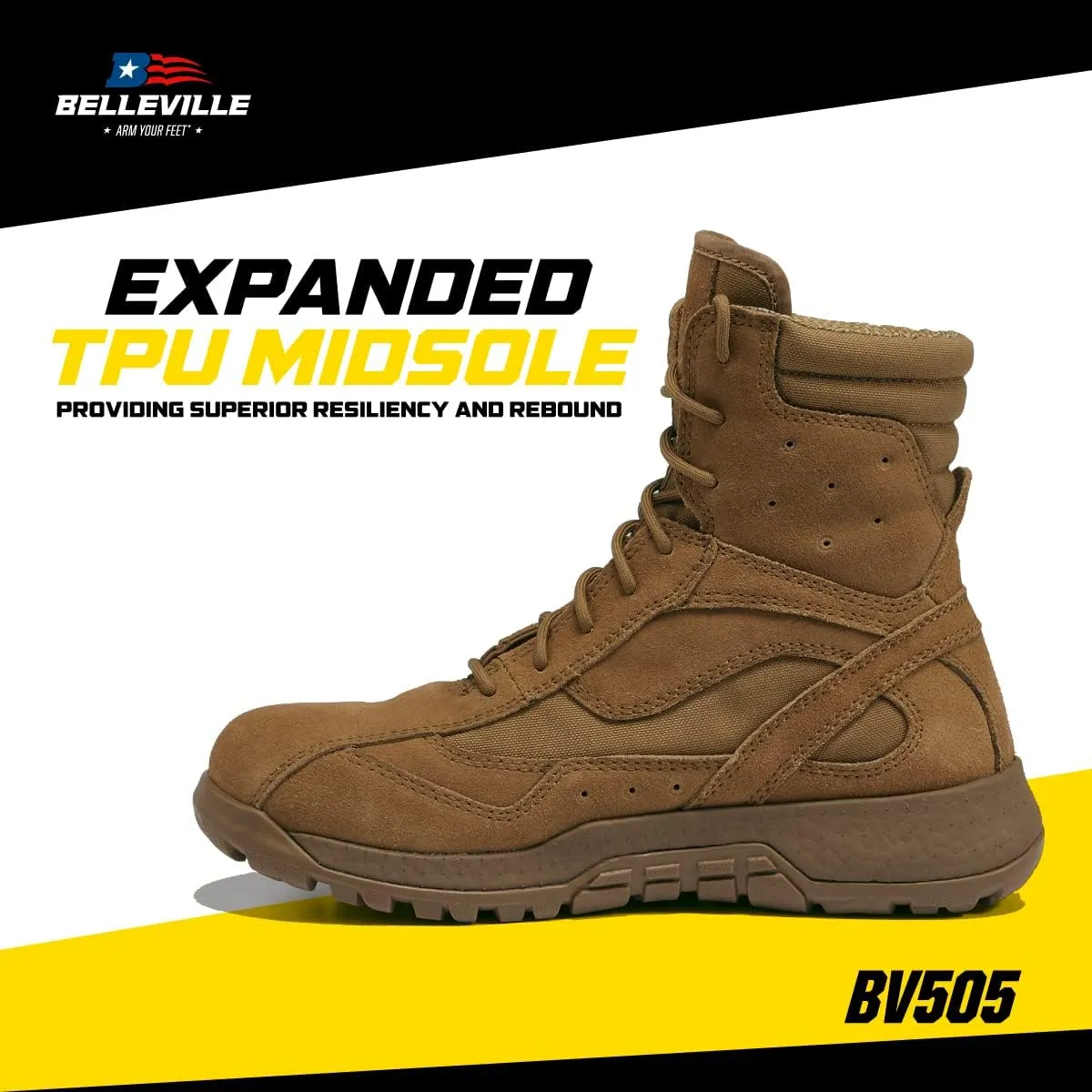 Belleville BV505 8” AMRAP Athletic Field Boot - Coyote Brown Leather & Nylon Combat Boots for Men, Moisture-Wicking Lining, TPU Midsole, and Rubber Outsole
