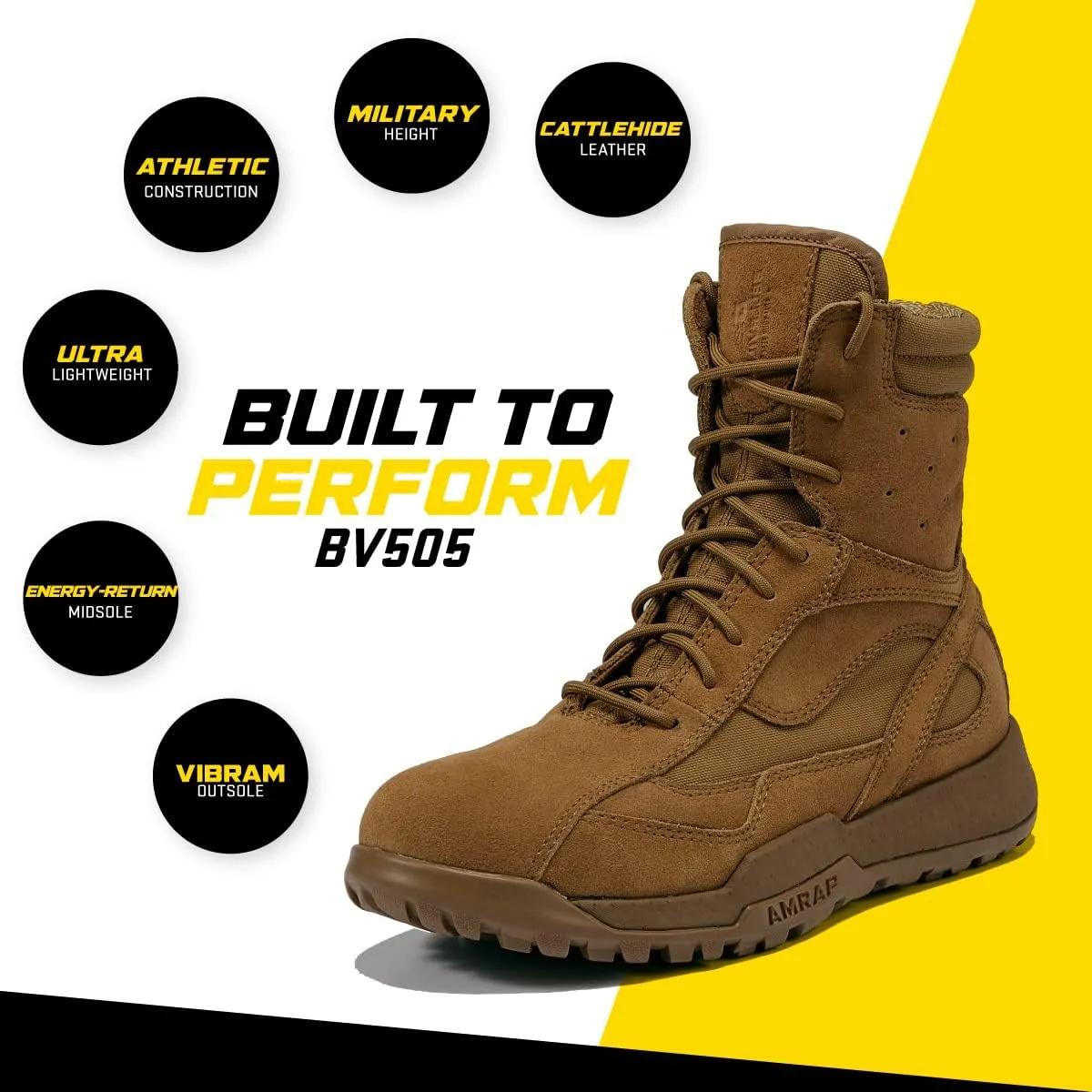 Belleville BV505 8” AMRAP Athletic Field Boot - Coyote Brown Leather & Nylon Combat Boots for Men, Moisture-Wicking Lining, TPU Midsole, and Rubber Outsole