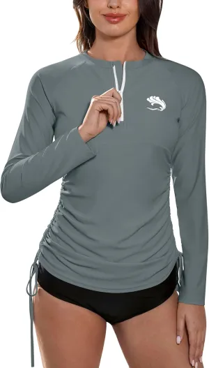 BesserBay Women's UPF 50  UV Sun Protection Rash Guard Shirt Half Zip Long Sleeve Ruched Tie Side Swim Top Swim Shirt