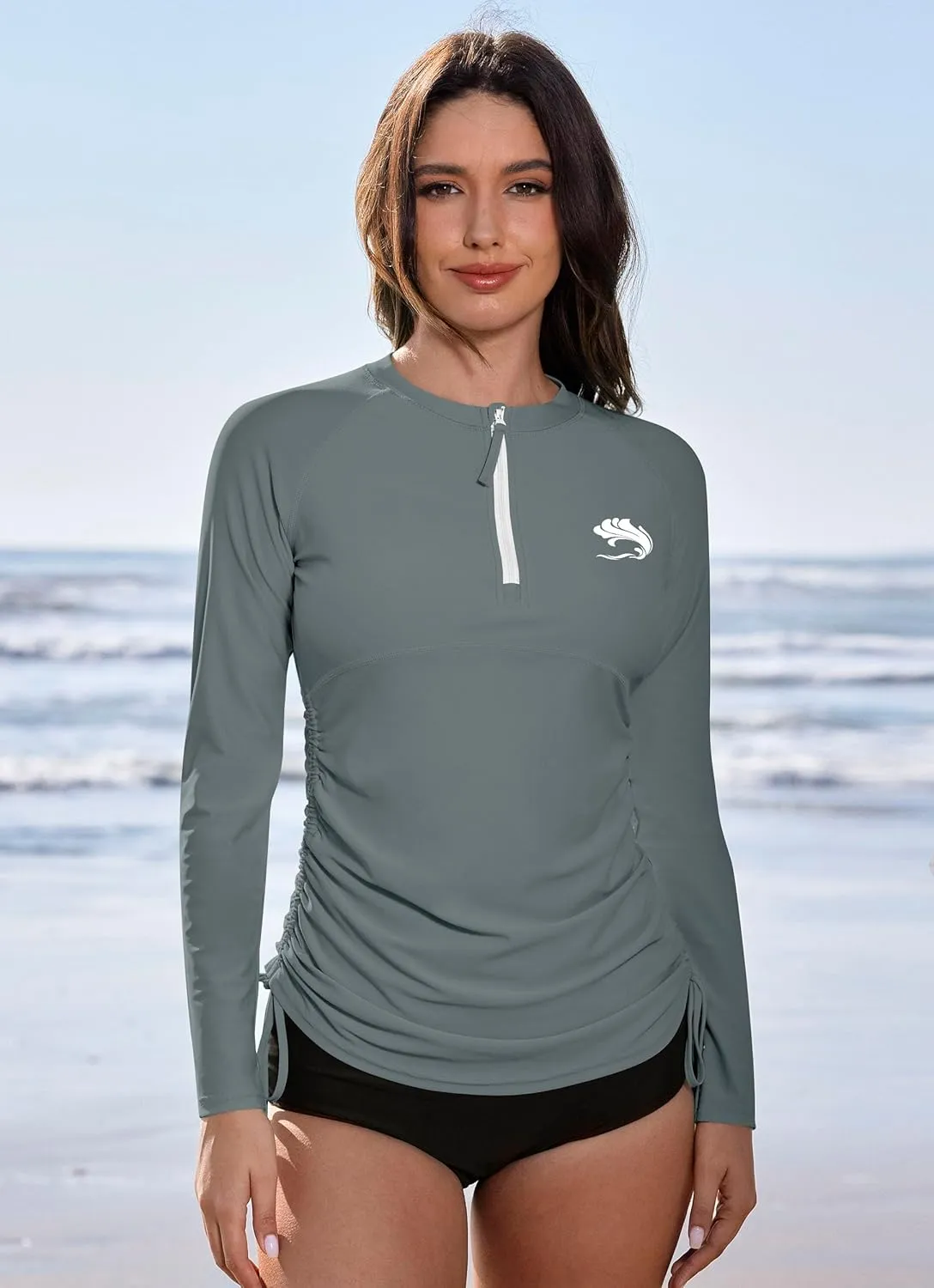 BesserBay Women's UPF 50  UV Sun Protection Rash Guard Shirt Half Zip Long Sleeve Ruched Tie Side Swim Top Swim Shirt