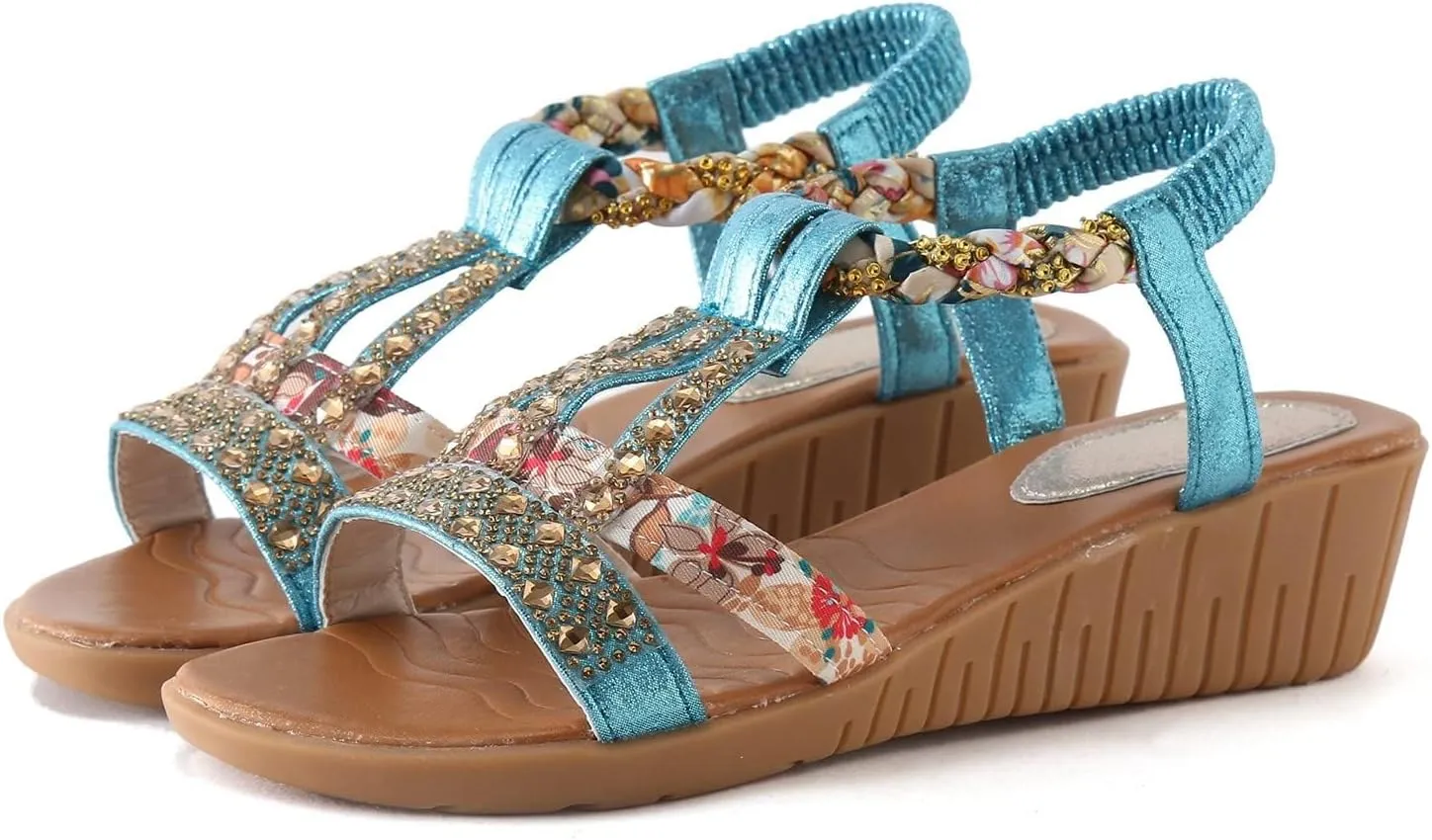 Blue Bohemian Sandals,Sandals for Women 2025,Sandalias De Mujer,Beaded Ankle Strap Flats Boho Sandals,Lace Flats Sandals with Back Strap,Sparkly Sandals for Women Dressy