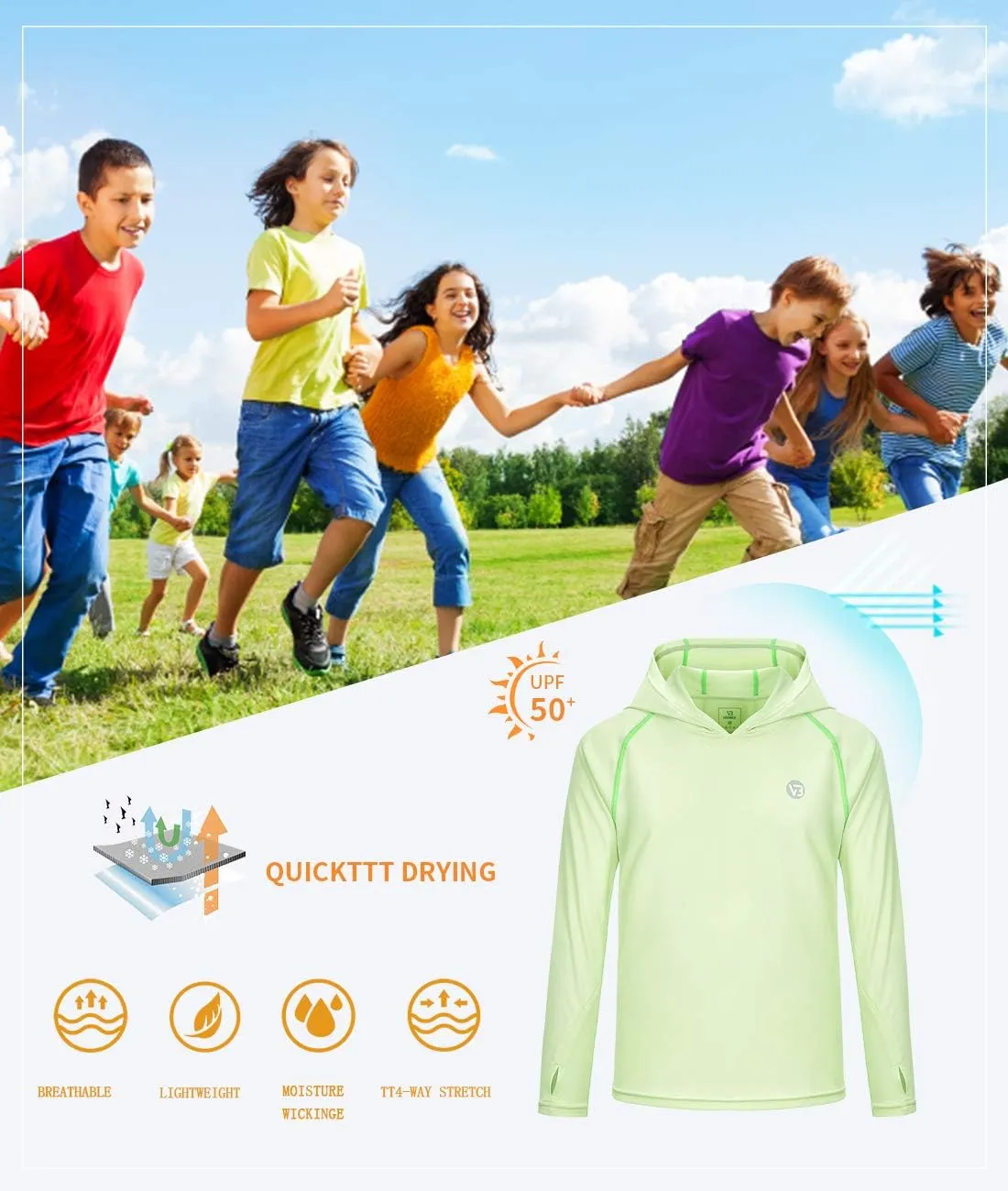 Boys Girls Hooded Sun Shirts UPF50  Long Sleeve Hoodies Quick Dry Rash Guard Swim Shirts Fishing Hiking Thumb Holes