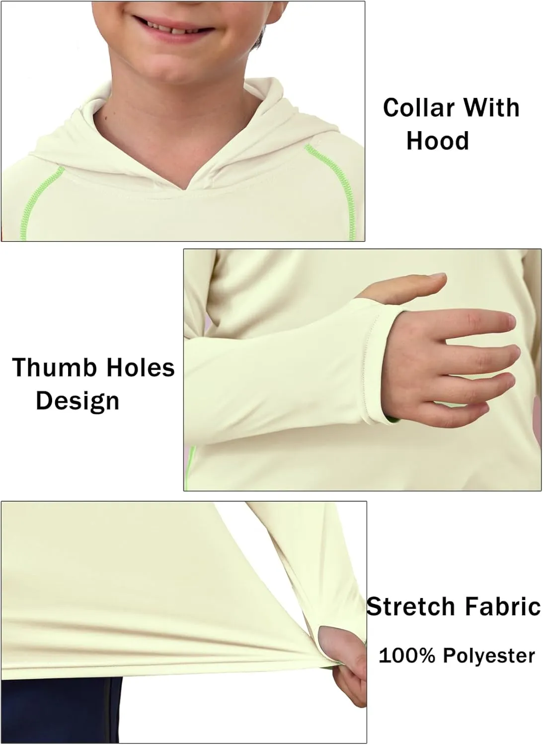 Boys Girls Hooded Sun Shirts UPF50  Long Sleeve Hoodies Quick Dry Rash Guard Swim Shirts Fishing Hiking Thumb Holes