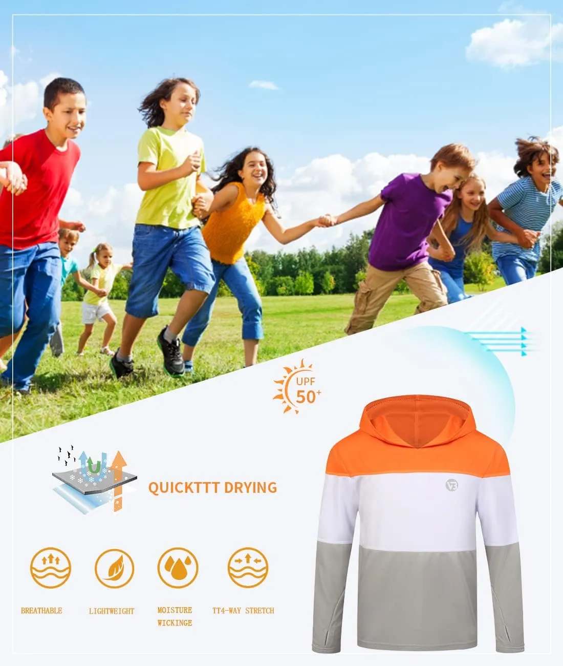 Boys Girls Hooded Sun Shirts UPF50  Long Sleeve Hoodies Quick Dry Rash Guard Swim Shirts Fishing Hiking Thumb Holes