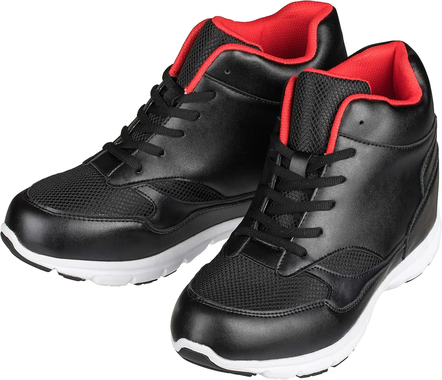 CALTO Men's Invisible Height Increasing Elevator Shoes - Black/Red Leather/Mesh Lace-up Sporty Trainers - 4 Inches Taller - G3332 - Size 7 D(M) US