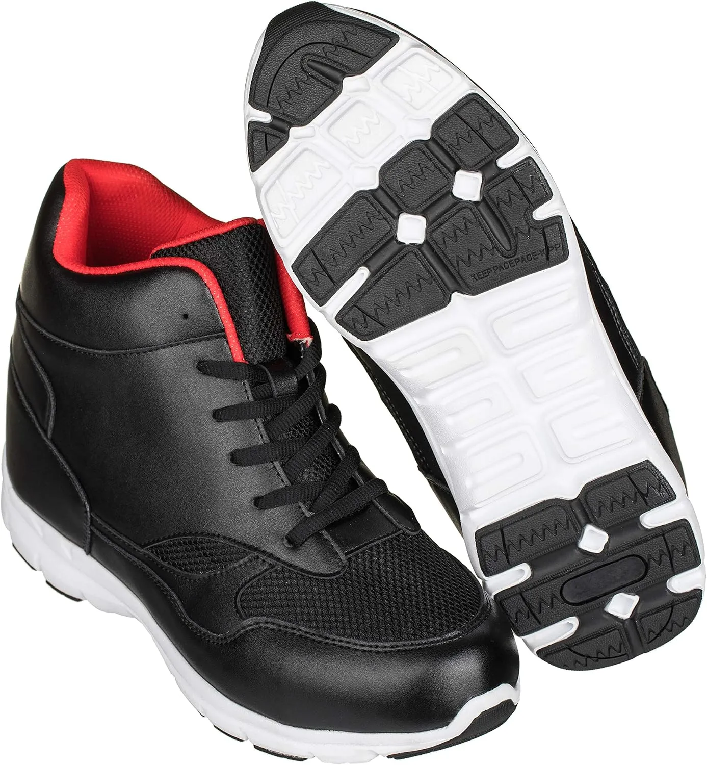 CALTO Men's Invisible Height Increasing Elevator Shoes - Black/Red Leather/Mesh Lace-up Sporty Trainers - 4 Inches Taller - G3332 - Size 7 D(M) US