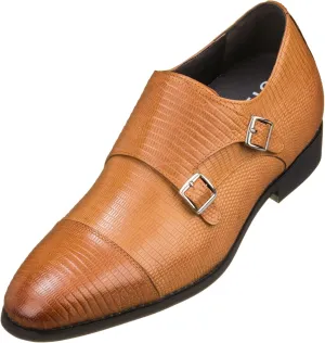 CALTO Men's Invisible Height Increasing Elevator Shoes - Brown Leather Slip-on Dual Monk Straps Formal Loafers- 2.8 Inches Taller - K3115 - Size 6.5 D(M) US