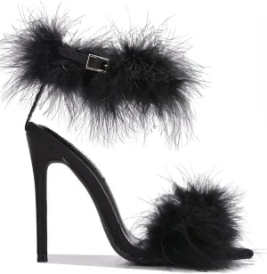 Cape Robbin Women's Open Toe Ankle Strap Fluffy Feather Stiletto High Heel Sandal