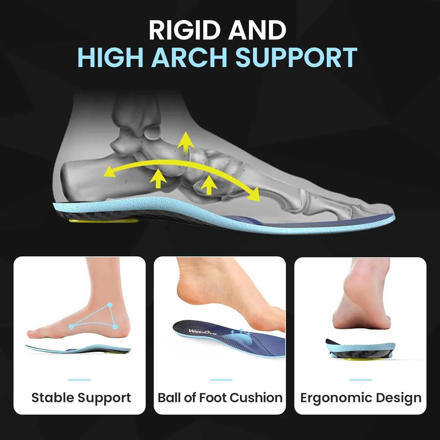Carbon Fiber High Arch Support Insoles - Welnove Heavy Duty Support Inserts for Plantar Fasciitis, Flat Feet, High Arche, Morton's Neuroma & Ball-of-Foot Pain,Anti-Fatigue,Women's 9.5-10.5 Men's 8-8.5
