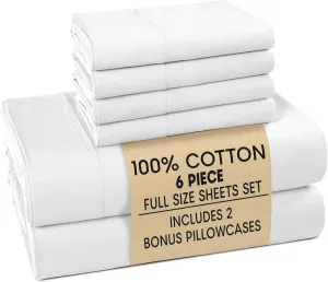 Casa Platino 100% Cotton Sheets Full Size Set - 6 Pieces (1 Flat, 1 Fitted, 4 Pillowcases) - Soft & Breathable Percale Weave - Durable & Cooling Bed Sheets with 15" Deep Pockets - Pure White Sheet Set