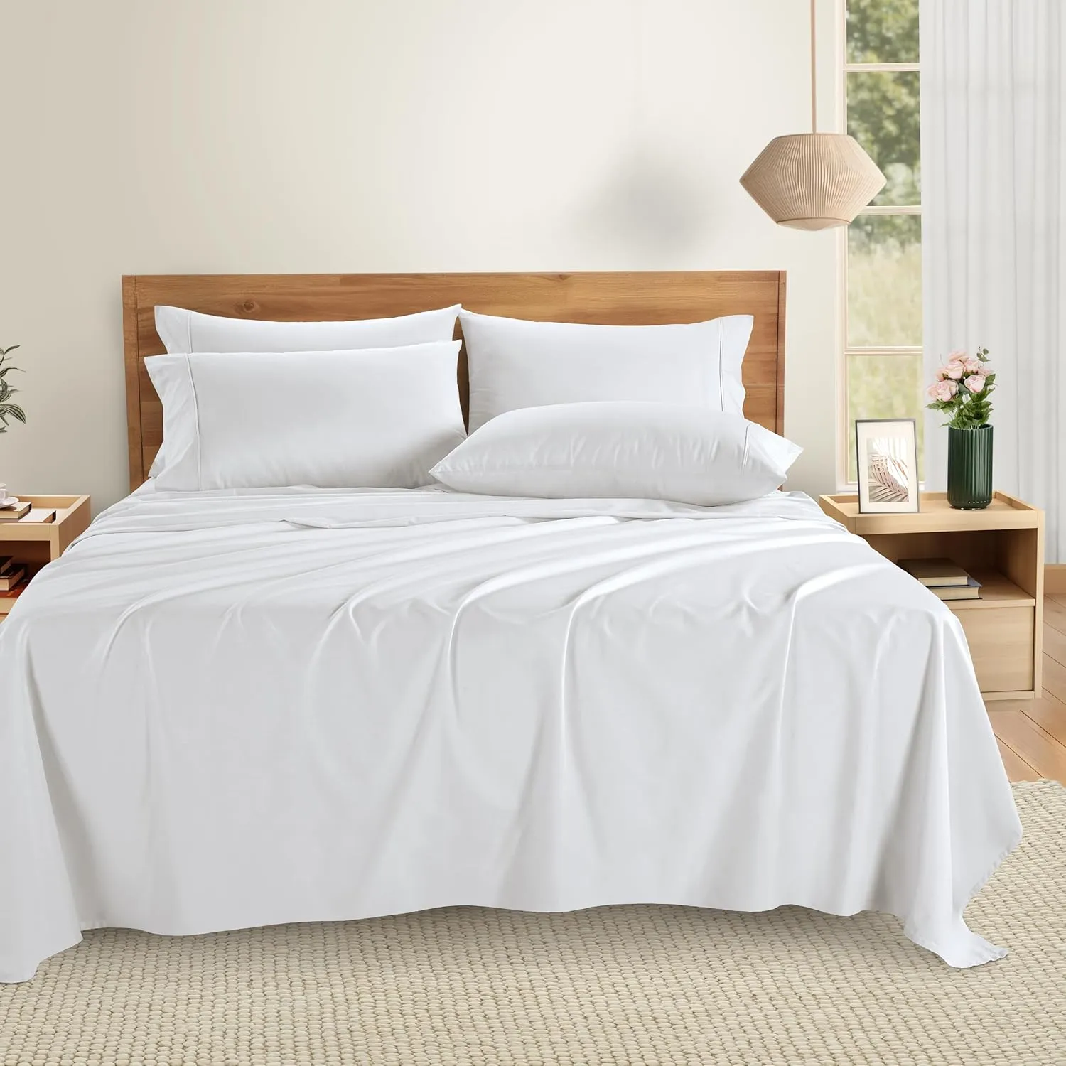 Casa Platino 100% Cotton Sheets Full Size Set - 6 Pieces (1 Flat, 1 Fitted, 4 Pillowcases) - Soft & Breathable Percale Weave - Durable & Cooling Bed Sheets with 15" Deep Pockets - Pure White Sheet Set