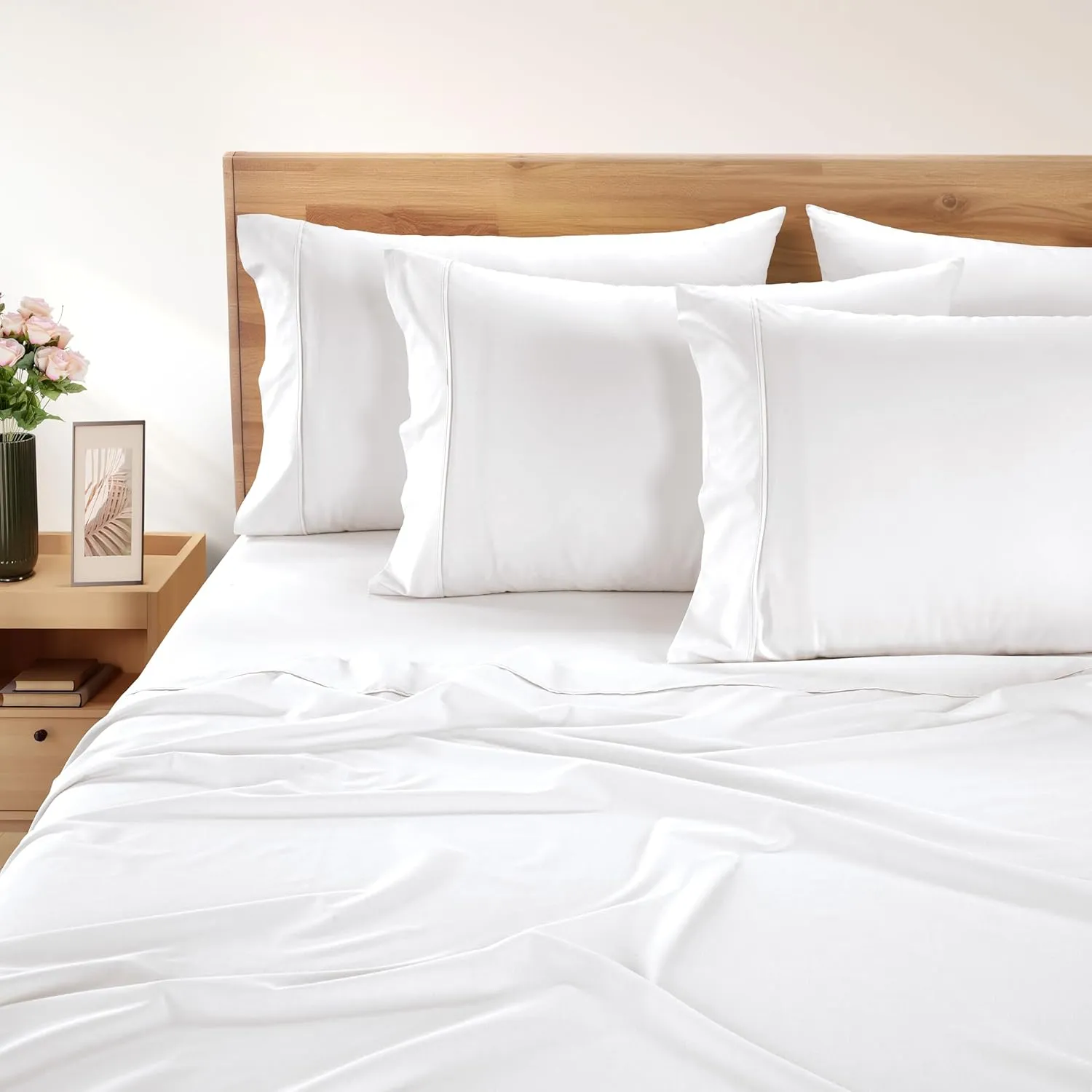 Casa Platino 100% Cotton Sheets Full Size Set - 6 Pieces (1 Flat, 1 Fitted, 4 Pillowcases) - Soft & Breathable Percale Weave - Durable & Cooling Bed Sheets with 15" Deep Pockets - Pure White Sheet Set