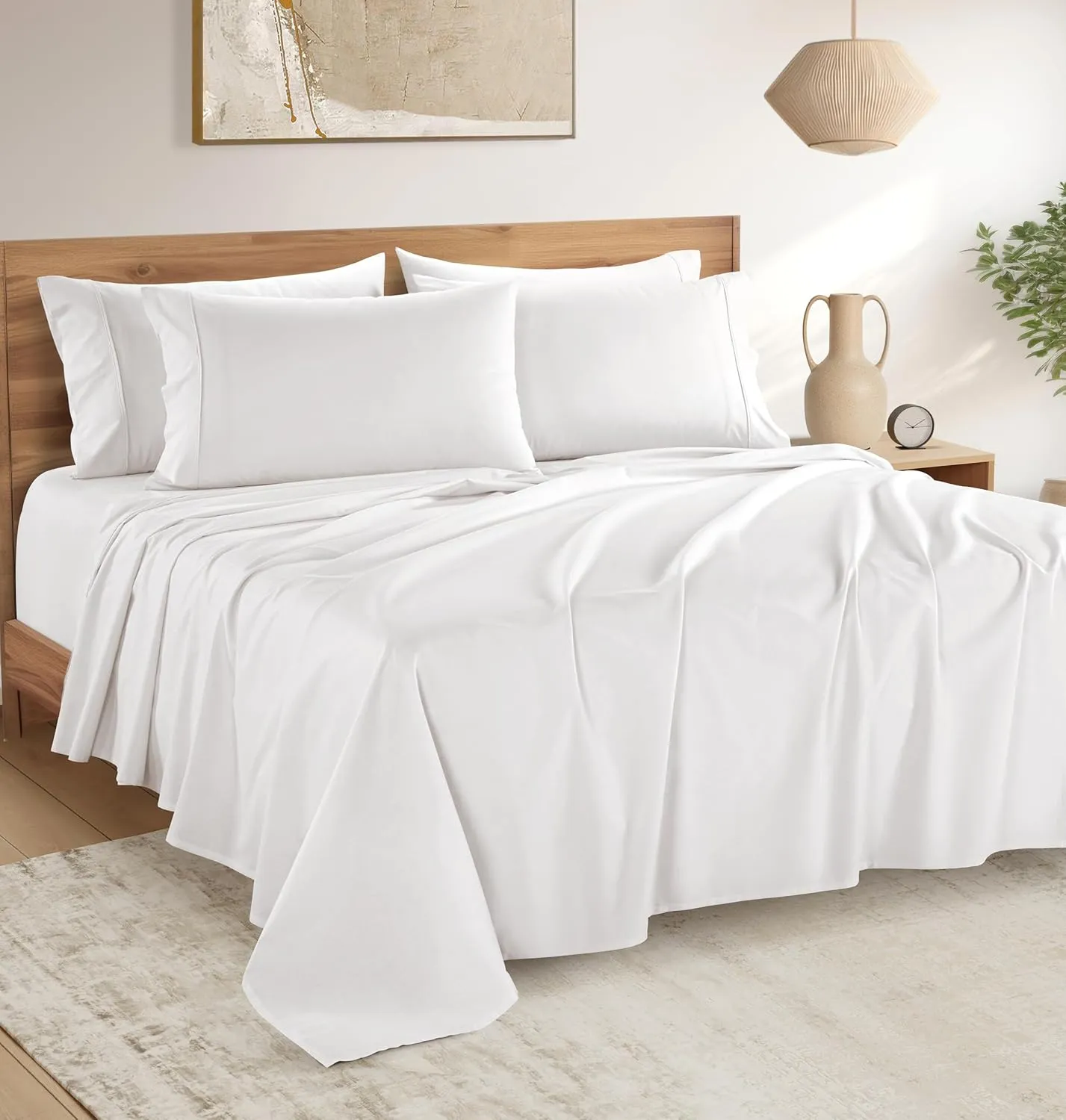 Casa Platino 100% Cotton Sheets Full Size Set - 6 Pieces (1 Flat, 1 Fitted, 4 Pillowcases) - Soft & Breathable Percale Weave - Durable & Cooling Bed Sheets with 15" Deep Pockets - Pure White Sheet Set