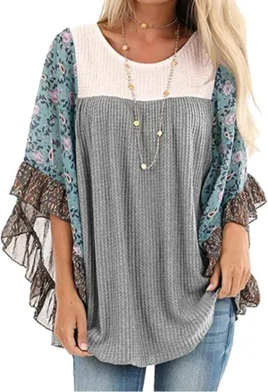 CASURESS Womens Floral Printed 3 4 Sleeve Shirt Batwing Loose Tops Blouses Pullover